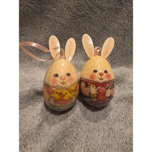 Vintage Wood Mr Mrs Bunny Rabbit Decoupage Easter Egg Ornaments Giftco Spring